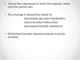 • blood flow decreases in both the hepatic artery
and the portal vein.
• This change in blood flow leads to:
decreased glucose metabolism,
mitochondrial malfunction
decreased lactate clearance
• Diminished lactate clearance leads to lactic
acidosis.
 