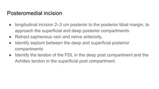 Posteromedial incision
● longitudinal incision 2–3 cm posterior to the posterior tibial margin, to
approach the superficial and deep posterior compartments
● Retract saphenous vein and nerve anteriorly.
● Identify septum between the deep and superficial posterior
compartments
● Identify the tendon of the FDL in the deep post compartment and the
Achilles tendon in the superficial post compartment.
 