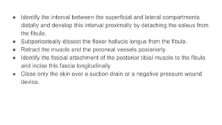 ● Identify the interval between the superficial and lateral compartments
distally and develop this interval proximally by detaching the soleus from
the fibula.
● Subperiosteally dissect the flexor hallucis longus from the fibula.
● Retract the muscle and the peroneal vessels posteriorly.
● Identify the fascial attachment of the posterior tibial muscle to the fibula
and incise this fascia longitudinally
● Close only the skin over a suction drain or a negative pressure wound
device.
 