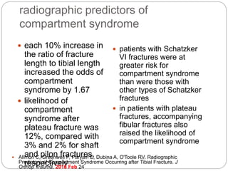 radiographic predictors of
compartment syndrome
 each 10% increase in
the ratio of fracture
length to tibial length
increased the odds of
compartment
syndrome by 1.67
 likelihood of
compartment
syndrome after
plateau fracture was
12%, compared with
3% and 2% for shaft
and pilon fractures,
respectively
 patients with Schatzker
VI fractures were at
greater risk for
compartment syndrome
than were those with
other types of Schatzker
fractures
 in patients with plateau
fractures, accompanying
fibular fractures also
raised the likelihood of
compartment syndrome
 Allmon C, Greenwell P, Paryavi E, Dubina A, O'Toole RV. Radiographic
Predictors of Compartment Syndrome Occurring after Tibial Fracture. J
Orthop Trauma. 2016 Feb 24
 