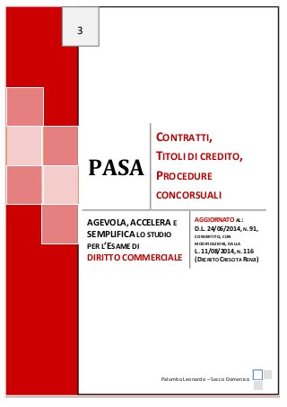 PASA
CONTRATTI,
TITOLI DI CREDITO,
PROCEDURE
CONCORSUALI
AGEVOLA, ACCELERA E
SEMPLIFICA LO STUDIO
PER L’ESAME DI
DIRITTO COMMERCIALE
AGGIORNATO AL:
D.L. 24/06/2014, N. 91,
CONVERTITO, CON
MODIFICAZIONI, DALLA
L. 11/08/2014, N. 116
(DECRETO CRESCITA RENZI)
3
Palumbo Leonardo – Sacco Domenico
 