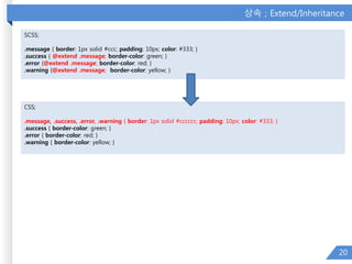 상속 ; Extend/Inheritance
20
SCSS;
.message { border: 1px solid #ccc; padding: 10px; color: #333; }
.success { @extend .message; border-color: green; }
.error {@extend .message; border-color: red; }
.warning {@extend .message; border-color: yellow; }
CSS;
.message, .success, .error, .warning { border: 1px solid #cccccc; padding: 10px; color: #333; }
.success { border-color: green; }
.error { border-color: red; }
.warning { border-color: yellow; }
 