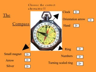 Small magnet Arrow Silver Clock Hand Orientation arrow Ring Numbers Turning scaled ring Choose the correct alternative!!! The   Compass 