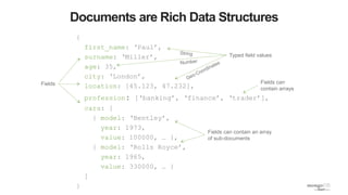 Documents are Rich Data Structures
{
first_name: ‘Paul’,
surname: ‘Miller’,
age: 35,
city: ‘London’,
location: [45.123, 47.232],
profession: [‘banking’, ‘finance’, ‘trader’],
cars: [
{ model: ‘Bentley’,
year: 1973,
value: 100000, … },
{ model: ‘Rolls Royce’,
year: 1965,
value: 330000, … }
]
}
Fields can contain an array
of sub-documents
Fields
Typed field values
Fields can
contain arrays
 