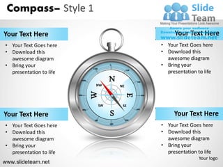 Compass– Style 1

Your Text Here                                                                     Your Text Here
• Your Text Goes here                                                         • Your Text Goes here
• Download this                                                               • Download this
  awesome diagram                                                               awesome diagram
• Bring your                                     0                            • Bring your
                                     1100
  presentation to life                                      100
                                                                                presentation to life
                           1000

                                       NW
                                                 N                200

                                                       NE

                                     W

                                                        E
                         900                                            300



                                            SW          SE

                                                 S
                               800                                400

Your Text Here                                                                     Your Text Here
                                      700                   500

• Your Text Goes here                            600
                                                                              • Your Text Goes here
• Download this                                                               • Download this
  awesome diagram                                                               awesome diagram
• Bring your                                                                  • Bring your
  presentation to life                                                          presentation to life
                                                                                              Your logo
www.slideteam.net
 