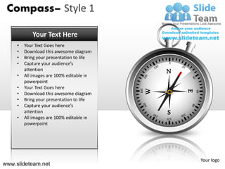 Compass– Style 1

            Your Text Here
     •   Your Text Goes here
     •   Download this awesome diagram
     •   Bring your presentation to life
     •   Capture your audience’s                     0



     •
         attention
         All images are 100% editable in
                                                     N
         powerpoint
     •   Your Text Goes here




                                                 W
                                           180




                                                         E
                                                             60
     •   Download this awesome diagram
     •   Bring your presentation to life
     •   Capture your audience’s
         attention                                   S
     •   All images are 100% editable in
         powerpoint




                                                                  Your logo
www.slideteam.net
 