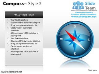 Compass– Style 2

            Your Text Here
     •   Your Text Goes here
     •   Download this awesome diagram
     •
     •
         Bring your presentation to life
         Capture your audience’s           N
         attention
     •   All images are 100% editable in
         powerpoint
     •   Your Text Goes here
     •   Download this awesome diagram         E
     •   Bring your presentation to life
     •   Capture your audience’s
         attention
     •   All images are 100% editable in
         powerpoint                        S


                                               Your logo
www.slideteam.net
 