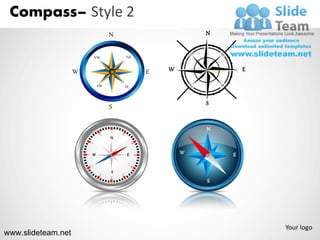 Compass– Style 2
                                      N                     N


                             NW           NE

                    W                               E   W           E

                                 SW       SE


                                                            S
                                      S

                                      0
                                                            N
                                      N


                             W             E                    E
                        18




                                               60
                        0




                                      S
                                                            S




                                                                        Your logo
www.slideteam.net
 