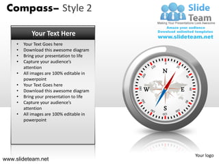Compass– Style 2

            Your Text Here
     •   Your Text Goes here
     •   Download this awesome diagram
     •   Bring your presentation to life
     •   Capture your audience’s                     0
         attention
     •   All images are 100% editable in             N
         powerpoint
     •   Your Text Goes here
                                                 W       E




                                           180




                                                             60
     •   Download this awesome diagram
     •   Bring your presentation to life
     •   Capture your audience’s
         attention                                   S
     •   All images are 100% editable in
         powerpoint




                                                                  Your logo
www.slideteam.net
 