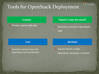 Pioneer, a great web app 
Great for starters from the OpenStack startup Mirantis 
Tools for OpenStack Deployment 
Crowbar 
Fuel 
Attractive concept to OpenStack folks 
A great tool for simple OpenStack, developer oriented 
TripleO (“under the cloud”) 
DevStack  