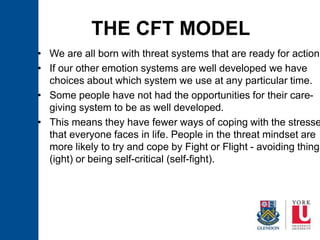 THE CFT MODEL
• We are all born with threat systems that are ready for action.
• If our other emotion systems are well developed we have
choices about which system we use at any particular time.
• Some people have not had the opportunities for their care-
giving system to be as well developed.
• This means they have fewer ways of coping with the stresse
that everyone faces in life. People in the threat mindset are
more likely to try and cope by Fight or Flight - avoiding things
(ight) or being self-critical (self-fight).
 