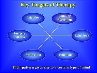 Key Targets of Therapy
Attention
Thinking
Reasoning
Behaviour
Motivation Emotions
Their pattern gives rise to a certain type of mind
Imagery
Fantasy
 