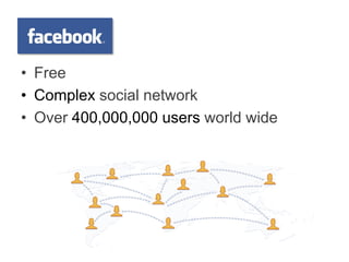• Free
• Complex social network
• Over 400,000,000 users world wide
 