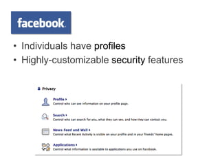 • Individuals have profiles
• Highly-customizable security features
 
