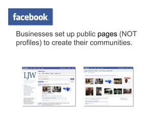 Businesses set up public pages (NOT
profiles) to create their communities.
 