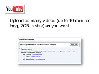 Upload as many videos (up to 10 minutes
long, 2GB in size) as you want.
 
