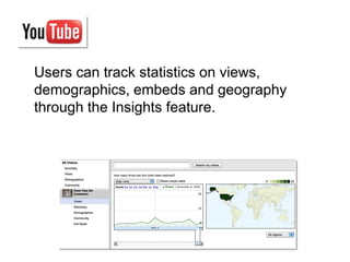 Users can track statistics on views,
demographics, embeds and geography
through the Insights feature.
 