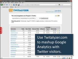 Use Twitalyzer.com
to mashup Google
Analytics with
Twitter visitors.
 