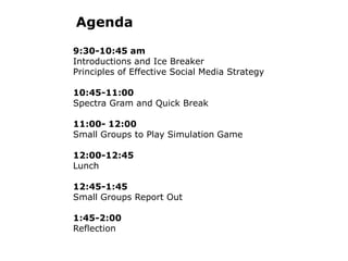 Agenda9:30-10:45 am	Introductions and Ice BreakerPrinciples of Effective Social Media Strategy10:45-11:00Spectra Gram and Quick Break11:00- 12:00Small Groups to Play Simulation Game12:00-12:45Lunch12:45-1:45Small Groups Report Out1:45-2:00Reflection