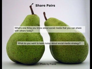Share PairsWhat’s one thing you know about social media that you can share with others today?What do you want to learn today about social media strategy?Photo by Franie