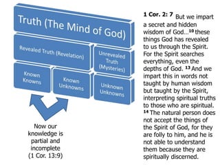 Now our
knowledge is
partial and
incomplete
(1 Cor. 13:9)
1 Cor. 2: 7 But we impart
a secret and hidden
wisdom of God…10 t...