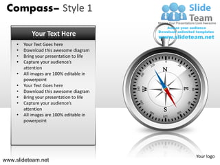 Compass– Style 1

            Your Text Here
     •   Your Text Goes here
     •   Download this awesome diagram
     •   Bring your presentation to life
     •   Capture your audience’s                     0



     •
         attention
         All images are 100% editable in
                                                     N
         powerpoint
     •   Your Text Goes here




                                                 W
                                           180




                                                         E
                                                             60
     •   Download this awesome diagram
     •   Bring your presentation to life
     •   Capture your audience’s
         attention                                   S
     •   All images are 100% editable in
         powerpoint




                                                                  Your logo
www.slideteam.net
 
