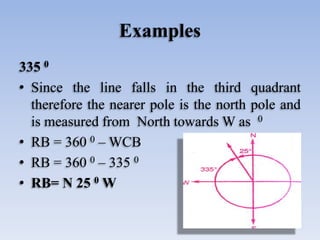 Examples
335 0
• Since the line falls in the third quadrant
therefore the nearer pole is the north pole and
is measured from North towards W as 0
• RB = 360 0 – WCB
• RB = 360 0 – 335 0
• RB= N 25 0 W
 