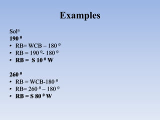 Examples
Soln
190 0
• RB= WCB – 180 0
• RB = 190 0- 180 0
• RB = S 10 0 W
260 0
• RB = WCB-180 0
• RB= 260 0 – 180 0
• RB = S 80 0 W
 