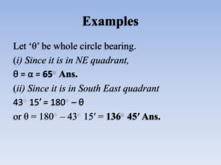 Examples
Let ‘θ’ be whole circle bearing.
(i) Since it is in NE quadrant,
θ = α = 65 Ans.
(ii) Since it is in South East quadrant
43 15′ = 180 – θ
or θ = 180 – 43 15′ = 136 45′ Ans.
 