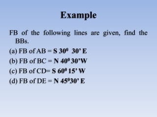 Example
FB of the following lines are given, find the
BBs.
(a) FB of AB = S 300 30’ E
(b) FB of BC = N 400 30’W
(c) FB of CD= S 600 15’W
(d) FB of DE = N 45030’ E
 