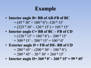 Example
• Interior angle B= BB of AB-FB of BC
= (45 0 30’ + 180 0 0’) -120 0 15’
= (225 0 30’ – 120 0 15’) = 105 0 15’
• Interior angle C= BB of BC – FB of CD
= (120 0 15’ + 180 0 0’) – 200 0 15’
= 300 0 15’ – 200 0 15’ = 100 0 0’
• Exterior angle D = FB of DE- BB of CD
= 280 0 45’ – (200 0 30’ – 180 0 0’)
= 280 0 45’ – 20 0 30’ = 260 0 15’
• Interior angle D= 360 0 0’ – 260 0 15’ = 99 0 45’
 