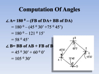 Computation Of Angles
∠ A= 180 0 – (FB of DA+ BB of DA)
= 180 0 – (45 0 30’ +75 0 45’)
= 180 0 – 121 0 15’
= 58 0 45’
∠ B= BB of AB + FB of BC
= 45 0 30’ + 60 0 0’
= 105 0 30’
 