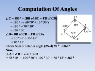 Computation Of Angles
∠ C = 180 0 – (BB of BC + FB of CD)
= 180 0 – ( 60 0 0’ + 10 0 30’)
= 180 0 – 70 0 30’
= 109 0 30’
∠ D= BB of CD + FB of DA
= 10 0 30’ + 750 45’
= 86 0 15’
Check Sum of Interior angle (2N-4) 90 0 =360 0
Now,
∠ A + ∠ B + ∠ C + ∠ D
= 58 0 45’ + 105 0 30’ + 109 0 30’ + 86 0 15’ = 360 0
 