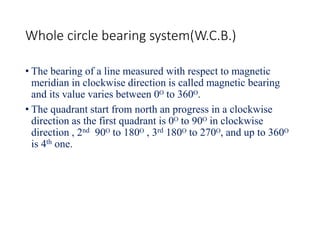Whole circle bearing system(W.C.B.)
• The bearing of a line measured with respect to magnetic
meridian in clockwise direction is called magnetic bearing
and its value varies between 0ᴼ to 360ᴼ.
• The quadrant start from north an progress in a clockwise
direction as the first quadrant is 0ᴼ to 90ᴼ in clockwise
direction , 2nd 90ᴼ to 180ᴼ , 3rd 180ᴼ to 270ᴼ, and up to 360ᴼ
is 4th one.
 