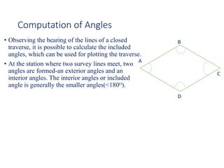 Computation of Angles
• Observing the bearing of the lines of a closed
traverse, it is possible to calculate the included
angles, which can be used for plotting the traverse.
• At the station where two survey lines meet, two
angles are formed-an exterior angles and an
interior angles. The interior angles or included
angle is generally the smaller angles(<180ᴼ).
A
B
C
D
 
