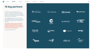 PROGRESS CHALLENGES WHAT NEXT APPENDICES 17
Our ability to meaningfully reduce our
footprint, innovate new solutions and credibly
measure our progress over the next seven years
will continue to be determined by the strength and
substance of our partnerships.
The 16 highlighted here are not an exhaustive
listing but flag the support we’ve received across
the key actions and focus areas included within
this report.
The support of these partners, through the
provision of practical guidance, standard-
setting and operational solutions, continues
to help us increase the pace and scale of our
work in pursuit of real progress.
We sincerely thank them all.
16 key partners
STRATEGY
OUR ROLE
 