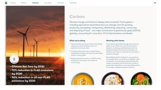 CHALLENGES WHAT NEXT APPENDICES
STRATEGY 20
What we’re doing
• Improving data accuracy to help meaningfully
reduce our carbon footprint across our
operations and value chain
• Enabling recipe-level carbon footprinting to
strategically analyse and reduce the embodied
carbon on every plate
• Raising awareness across our 45,000-strong
workforce on the impact of our diets as
a community
Working with clients
The emissions generated through the services we
deliver to our clients form part of their Scope 3
footprint. Increasing understanding across our
operational teams that the more we reduce our
emissions, the more our clients do too, has been a
key focus this year.
By identifying carbon hotspots in our operations
and supply chains, we continue to highlight areas
of reduction for both parties. Decarbonising the
recipes we develop and the food we purchase to
create them have been our top two starting points
for strategic, targeted emissions reduction.
• Climate Net Zero by 2030
• 72% reduction in FLAG emissions
by 2030
• 90% reduction in all non-FLAG
emissions by 2030
Carbon
Climate change and food are deeply interconnected. Food systems –
including agriculture-associated land use change; and the growing,
producing, processing, transporting, distributing, preparing, consuming
and disposing of food – are major contributors to greenhouse gases (GHGs)
globally, accounting for more than 1/3 of total emissions worldwide1
.
PROGRESS
KEY TARGET
OUR ROLE
 