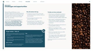 PROGRESS WHAT NEXT APPENDICES
STRATEGY 32
Challenges and opportunities
Between 2016 and 2018 alone, an area
equivalent to 88% of the UK’s total land area was
required to supply the country’s demand for just
seven agricultural and forest commodities: beef
and leather, cocoa, palm oil, pulp and paper,
rubber, soy, and timber4
.
Compass UK&I use all of these products in our
supply chain, so we recognise we have a
duty to procure them responsibly – which
is why we are committing to achieving
no deforestation for deforestation-linked
commodities (directly sourced) by 2025.
We will achieve this by:
• Increasing our procurement of Fairtrade
and Rainforest Alliance certified coffee and
cocoa products
• Ensuring all palm oil contained in food
products is RSPO-certified
• Ensuring all soya in the supply chain is
verified deforestation-free5
. We will continue
to purchase Responsible Soy (RTRS) credits
for our entire footprint in the meantime
To date, we have achieved:
• 14% of cocoa is certified Rainforest Alliance
and/or Fairtrade, and 32% is covered by a
manufacturer-own 2025 no deforestation
commitment (e.g. Barry Callebaut, Nestle, Mars)
• 62% of coffee is certified Rainforest Alliance
and/or Fairtrade, and 13% is covered by
a manfacturer-own 2025 no deforestation
commitment
• 95% of palm oil contained in food products is
covered by RSPO certificates
• 100% of our soy footprint is either
deforestation-free (20%) or covered by RTRS
credits (80%)
• 100% of our fresh beef is UK sourced, 89%
frozen beef is UK/ EU sourced
• 77% of paper is either 100% recycled or third-
party certified. We are still working to track
and report timber volumes
All data is representative of our purchases for the first
half of FY22.
CHALLENGES
Deforestation
In 2020 we set the following target for the sourcing of
sustainable palm oil. We missed that target and have
now revised it.
• Original target: 100% sustainable palm oil in food
by the end of 2021
• Revised target: 100% sustainable palm oil in food
by the end of 2023
What’s changed
The target year. As of the first half of FY22, 95% of
our palm oil sourced for food was sustainable.
Why
Geopolitical conflict has placed pressure on global
oil supply due to the disruption of sunflower oil
exports from Ukraine.
Market uncertainty following Indonesia’s temporary
ban on palm oil exports in June 2022 coincided
with the contract renewal for one of our remaining
suppliers using uncertified palm oil. The new target
deadline is dictated by this contract’s end date.
Target revision – Palm oil
OUR ROLE
 