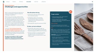 PROGRESS WHAT NEXT APPENDICES
STRATEGY 34
Challenges and opportunities
When it comes to eliminating and reducing our
plastic and packaging usage and waste, the
challenges are significant.
With recovery and recycling, solutions simply
don’t yet exist for many of the materials we use.
For example, packaging with food contamination
must be discarded as general waste and sent
for incineration, no matter the material type. For
other hard-to-recycle materials like disposable
coffee cups, recycling options carry a price tag
that currently challenges its commercial viability
at scale.
To this end, we’re working closely with
our waste management partners to find
solutions for hard-to-recycle items. We’re also
investigating and testing innovative sustainably
sourced bio-based materials, including bamboo,
palm leaf and seaweed.
Our goal is to transition to 100% reusable,
recyclable or fibre based compostable
foodservice packaging by the end of 2023.
We will achieve this by:
• Continuing to eliminate single use items
from across the business
• Investigating, testing and comparing
the environmental impact of innovative
materials that are naturally derived and
sustainably sourced
• Eliminating PVC cling film by the end of 2022
To date, we have achieved:
• Removed 154 million pieces of single-use
plastic and eliminated problematic plastic like
expanded polystyrene (EPS) across the business
• Started to develop our packaging strategy
strengthened with commodity-specific
targets to embed circularity across our sites
in every sector
CHALLENGES
Plastics & Packaging
• Original packaging target: 100% reusable or
recyclable packaging by 2023
• Revised packaging target: 100% reusable,
recyclable or fibre-based compostable foodservice
packaging by end of 2023
What’s changed
Fibre-based compostable was not a material
accepted in the original target and is now included.
Why
Cost. Inflation, in double digits every month of 2022,
combined with the cost of switch options, saw an
estimated impact north of ~£1m for the UK&I business
as a whole to deliver the original vs the revised target.
Pragmatism. Given this commercial impact, we
have made the decision to:
• Maintain support for sectors on track to hit the
original target in FY23; e.g. Levy
• Revise it to ensure positive change continues
across the UK&I business as a whole; conceding to
a slower pace, not a standstill
• Review this target as the science base of materials
continues to evolve
Target revision
OUR ROLE
 