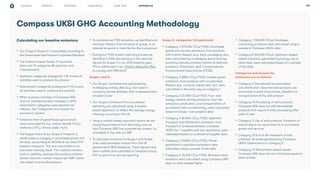 PROGRESS CHALLENGES WHAT NEXT
STRATEGY 44
Calculating our baseline emissions
• Our Scope 3 footprint is calculated according to
the Greenhouse Gas Protocol Corporate Standard
• The Protocol breaks Scope 3 inventories
down into 15 categories (8 upstream and
7 downstream)
• Upstream categories (categories 1-8) involve all
activities used to produce the product
• Downstream categories (categories 9-15) involve
all activities used to consume the product
• When business activities of Compass UK&I
and our subsidiaries were reviewed in 2019,
downstream categories were deemed not
relevant. See "categories and reasons for
exclusions" section
• Emissions from all greenhouse gas sources
were accounted for e.g. carbon dioxide (CO2
),
methane ( CH4
), nitrous oxide ( N2
O)
• The largest share of our Scope 3 footprint is
attributable to category 1: purchased goods and
services, accounting for 87.46% of our total FY19
baseline emissions. This was calculated on an
economic intensity basis. This method contains
built-in volatility, because the product emission
factors assume a carbon impact per GBP, which
are subject to price fluctuations
• To calculate our FY22 emissions, we identified and
removed inflation from the price of goods, in an
attempt to permit a more like-for-like comparison
• During our FY22 impact reporting process we
identified a 0.5% discrepancy in the reported
figures for Scope 3 in our 2019 baseline year.
This is referenced in our Carbon Reduction Plan
to comply with PPN 06/21
Scope 1 and 2:
• Our Scope 1 emissions are calculated by
multiplying activity data (e.g. fuel used in
company-owned vehicles), with a representative
emission factor
• Our Scope 2 emissions from purchased
electricity are calculated using a market-
based approach, to reflect the average energy
intensity occurring in the UK
• Using a market-based approach means we are
measuring emissions from electricity sources
that Compass UK&I has purposefully chosen, i.e.
renewable in line with our SBT
• To calculate emissions for Scope 1 and Scope
2 we used conversion factors from the UK
government’s BEIS database. These figures have
been audited and submitted to Compass Group
PLC as part of its annual reporting
Scope 3: categories 1-8 (upstream)
• Category 1 (973,484 CO2
e FY22): Purchased
goods and services emissions, from products
with a short lifespan (e.g. food, packaging, etc),
were calculated by multiplying spend data by
economy intensity emission factors to estimate
emissions. Databases used: Comprehensive
Environmental Data Archive (CEDA)
• Category 2 (886t CO2
e FY22): Capital goods
emissions, from products with an extended
lifespan (e.g. furniture, equipment, etc), were
calculated in the same way as category 1
• Category 3 (2,108t CO2
e FY22): Fuel- and
energy-related activity emissions, from the
extraction, production, and transportation of
purchased fuels and electricity, were calculated
based on Scope 1 consumption data
• Category 4 (8,566t CO2
e FY22): Upstream
Transport and Distribution emissions, from
transport of products between Compass
UK&I’s tier 1 suppliers and own operations, were
calculated based on a sample of supplier data
• Category 5 (3,956t CO2
e FY22): Waste
generated in operations emissions were
calculated using a sample of site data
• Category 6 (3,313t CO2
e FY22): Business travel
emissions were calculated using Compass UK&I
data on work-related flights
• Category 7 (18,482t CO2
e): Employee
commuting emissions were calculated using a
sample of Compass UK&I's data
• Category 8 (96,415t CO2
e): Upstream leased
assets emissions, generated by energy use at
client sites, were calculated based on a sample
of site data
Categories and reasons for
exclusions are as follows:
• Category 9 Downstream transportation
and distribution: Assumed sold products are
consumed at point of purchase, therefore no
transportation of the sold product
• Category 10 Processing of sold products:
Compass UK&I does not sell intermediate
products that require further processing after
point of sale
• Category 11 Use of sold products: Emissions of
sold products are accounted for in purchased
goods and services
• Category 12 End of life treatment of sold
products: All waste generated by Compass
UK&I's Operations is in category 5
• Category 13 Downstream leased assets:
Compass UK&I does not own and lease assets to
other entities
Compass UK&I GHG Accounting Methodology
APPENDICES
OUR ROLE
 