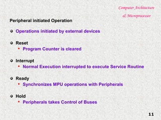 Computer Architecture
& Microprocessor
11
Peripheral initiated Operation
Operations initiated by external devices
Reset

Program Counter is cleared
Interrupt

Normal Execution interrupted to execute Service Routine
Ready

Synchronizes MPU operations with Peripherals
Hold

Peripherals takes Control of Buses
 