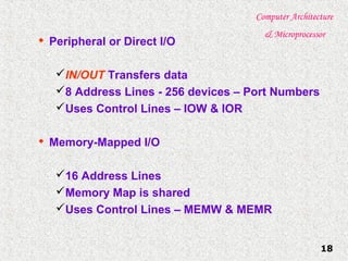Computer Architecture
& Microprocessor
18

Peripheral or Direct I/O
IN/OUT Transfers data
8 Address Lines - 256 devices – Port Numbers
Uses Control Lines – IOW & IOR

Memory-Mapped I/O
16 Address Lines
Memory Map is shared
Uses Control Lines – MEMW & MEMR
 
