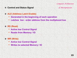 Computer Architecture
& Microprocessor
25
Control and Status Signal
ALE (Address Latch Enable)

Generated in the beginning of each operation

Latches low - order address from the multiplexed bus
RD (Read)

Active low Control Signal

Reads from Memory / IO
WR (Write)

Active low Control Signal

Writes to selected Memory / IO
 