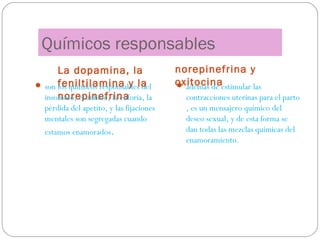 Químicos responsables
La dopamina, la
feniltilamina y la
 son los químicos responsables del
norepinefrina
insomnio, el anhelo, la euforia, la
pérdida del apetito, y las fijaciones
mentales son segregadas cuando
estamos enamorados.

norepinefrina y
oxitocinaestimular las
 además de
contracciones uterinas para el parto
, es un mensajero químico del
deseo sexual, y de esta forma se
dan todas las mezclas químicas del
enamoramiento.

 
