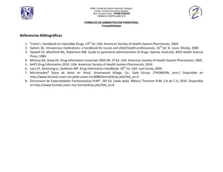 UNAM, Facultad de Estudios Superiores “Zaragoza”.
                                                   Carrera: Química Farmacéutico Biológica.
                                                  Área: Farmacia Clínica. PAPIME-PE202409
                                                       FARMACIA HOSPITALARIA 2010

                                            FÁRMACOS DE ADMINISTRACIÓN PARENTERAL
                                                        Compatibilidades


Referencias Bibliográficas

   1. Trissel L. Handbook on injectalbe Drugs. 14th Ed. USA: American Society of Health-System Pharmacists; 2009
   2. Gahart, BL. Intravenous medications: a handbook for nurses and allied health professionals. 16th Ed. St. Louis: Mosby; 2000
   3. Hipwell CE, Mashford ML, Robertson MB. Guide to parenteral administration of drugs. Sydney, Australia: ADIS Health Science
      Press; 1984.
   4. McEvoy GK, Snow EK. Drug information essentials 2005-06. 2ª Ed. USA: American Society of Health-System Pharmacists; 2005
   5. AHFS Drug Information 2010. USA: American Society of Health-System Pharmacists; 2010
   6. Lacy CF, Amstrong LL, Goldman MP. Drug Information Handbook. 18th Ed. USA: Lexi-Comp; 2009.
   7. Micromedex® [base de datos en línea]. Greenwood Village, Co.: Gale Group: [THOMSON, prov.] Disponible en
      http://www.facmed.unam.mx.pbidi.unam.mx:8080/bmnd/dirijo.php?bib_vv=3
   8. Diccionario de Especialidades Farmacéuticas PLM®. 56ª Ed. [sede web]. México Thomson PLM, S.A de C.V; 2010. Disponible
      en http://www.facmed.unam.mx/ bmnd/dirijo.php?bib_vv=6
 