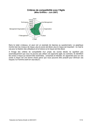 Critères de compatibilité avec l'Agile
(Mike Griffiths – Juin 2007)
Dans le radar ci-dessus, on peut voir un exemple de réponse au questionnaire. Le graphique
montre bien les niveaux de risque, plus le score est élevé, plus le risque est important : ici c'est le
cas pour la Gestion des utilisateurs et la Culture où le risque est très élevé.
A l'image des critères de compatibilité d'un projet, les scores élevés ne signifient pas
automatiquement que vous ne pouvez pas utiliser une approche agile. Au contraire, ils identifient
les zones à risque qui doivent être examinées, comprises et réduites. En apprendre plus sur ces
zones à risque est une bonne chose parce que nous pouvons être proactif pour diminuer ces
risques ("un homme averti en vaut deux").
Traduction de Fabrice Aimetti, le 05/01/2011 11/14
 