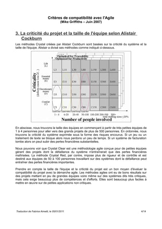 Critères de compatibilité avec l'Agile
(Mike Griffiths – Juin 2007)
3. La criticité du projet et la taille de l'équipe selon Alistair
Cockburn
Les méthodes Crystal créées par Alistair Cockburn sont basées sur la criticité du système et la
taille de l'équipe. Alistair a divisé ses méthodes comme indiqué ci-dessous.
En abscisse, nous trouvons la taille des équipes en commençant à partir de très petites équipes de
1 à 4 personnes pour aller vers des grands projets de plus de 500 personnes. En ordonnée, nous
trouvons la criticité du système exprimée sous la forme des risques encourus. Si un jeu ou un
traitement de texte se bloque alors nous perdons un peu de temps. Si un système de facturation
tombe alors on peut subir des pertes financières substantielles.
Nous pouvons voir que Crystal Clear est une méthodologie agile conçue pour de petites équipes
gérant des projets dont la défaillance du système n'entraînerait que des pertes financières
maîtrisées. La méthode Crystal Red, par contre, impose plus de rigueur et de contrôle et est
destiné aux équipes de 50 à 100 personnes travaillant sur des systèmes dont la défaillance peut
entraîner des pertes financières importantes.
Prendre en compte la taille de l'équipe et la criticité du projet est un bon moyen d'évaluer la
compatibilité du projet avec la démarche agile. Les méthodes agiles ont eu de bons résultats sur
des projets mettant en jeu de grandes équipes voire même sur des systèmes dits très critiques,
mais cela exige beaucoup plus de compétences et d'efforts. Elles sont beaucoup plus faciles à
mettre en œuvre sur de petites applications non critiques.
Traduction de Fabrice Aimetti, le 05/01/2011 4/14
 