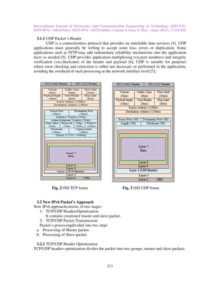 International Journal of Electronics and Communication Engineering & Technology (IJECET),
ISSN 0976 – 6464(Print), ISSN 0976
3.1.1 UDP Packet’s Header
UDP is a connectionless protocol that provides an unreliable data services [
applications must generally be willing to accept some loss, errors or duplication. Some
applications such as TFTP may add rudimentary reliability mechanisms into the application
layer as needed [5]. UDP provides application
verification (via checksum) of the header and payload [
where error checking and correction is either not necessary or performed in the application,
avoiding the overhead of such processing at the network interface level [
Fig. 2 OSI TCP frame
3.2 New IPv6 Packet’s Approach
New IPv6 approachconsists of two
1- TCP/UDP HeadersOptimization:
It contains creationof master
2- TCP/UDP Packet Transmission:
Packet’s processingdivided into two steps
a. Processing of Master packet.
b. Processing of Slave packet.
3.2.1 TCP/UDP Header Optimization
TCP/UDP headers optimization divides the packet into two groups; master and slave packets
International Journal of Electronics and Communication Engineering & Technology (IJECET),
ISSN 0976 – 6472(Online) Volume 4, Issue 3, May – June (2013), © IAEME
213
UDP is a connectionless protocol that provides an unreliable data services [
applications must generally be willing to accept some loss, errors or duplication. Some
may add rudimentary reliability mechanisms into the application
]. UDP provides application multiplexing (via port numbers) and integrity
the header and payload [6]. UDP is suitable for purposes
where error checking and correction is either not necessary or performed in the application,
avoiding the overhead of such processing at the network interface level [7].
frame Fig. 3 OSI UDP frame
Packet’s Approach
consists of two stages:
Optimization:
aster and slave packet.
Transmission:
divided into two steps
Master packet.
Processing of Slave packet.
Header Optimization
TCP/UDP headers optimization divides the packet into two groups; master and slave packets
International Journal of Electronics and Communication Engineering & Technology (IJECET),
June (2013), © IAEME
UDP is a connectionless protocol that provides an unreliable data services [4]. UDP
applications must generally be willing to accept some loss, errors or duplication. Some
may add rudimentary reliability mechanisms into the application
) and integrity
UDP is suitable for purposes
where error checking and correction is either not necessary or performed in the application,
TCP/UDP headers optimization divides the packet into two groups; master and slave packets.
 