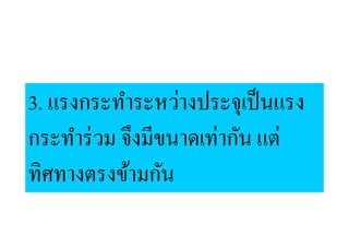 3. แรงกระทําระหว่างประจุเป็ นแรง
กระทําร่ วม จึงมีขนาดเท่ากัน แต่
ทิศทางตรงข้ามกัน
 