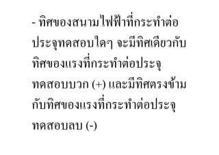 ทิศของสนามไฟฟ้ าที,กระทําต่อ
ประจุทดสอบใดๆ จะมีทิศเดียวกับ
ทิศของแรงที,กระทําต่อประจุ
ทดสอบบวก (+) และมีทิศตรงข้าม
กับทิศของแรงที,กระทําต่อประจุ
ทดสอบลบ ( )
 